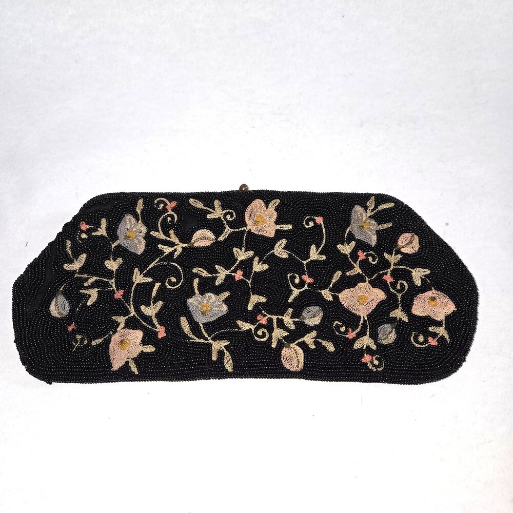 Vintage Intricate Handmade Beaded Floral Kiss-Lock Closure Clutch Handbag Lined